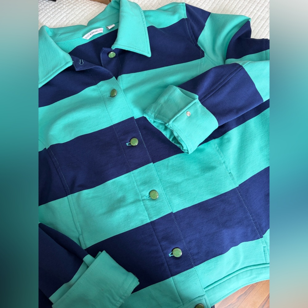 Rugby Striped Cotton Blend Knit Turquoise and Navy Striped Jacket - Picture 5 of 6